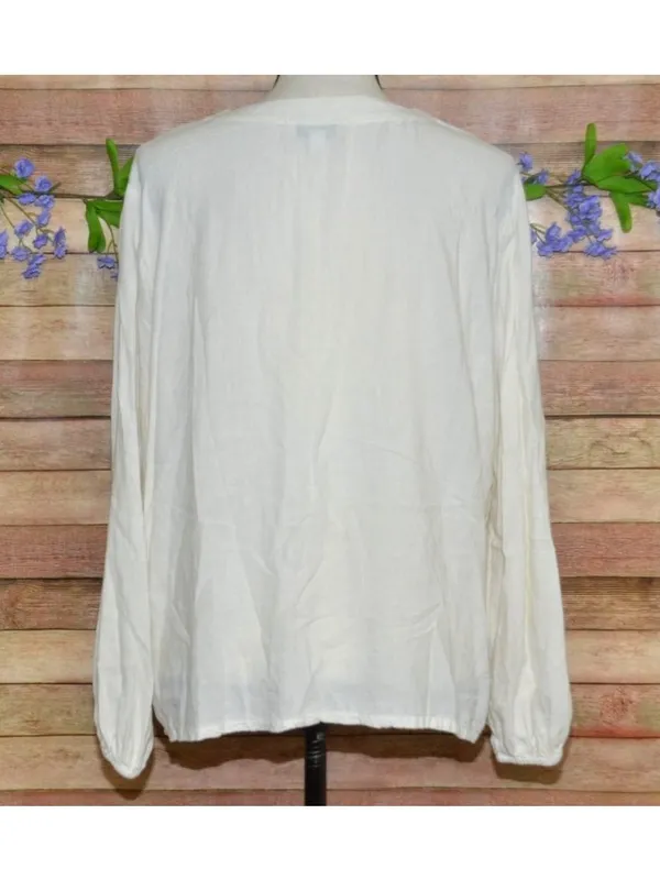 Calligraphie Linen Blend Blouse Women L Off White Crochet Embellished V Neck - Image 5