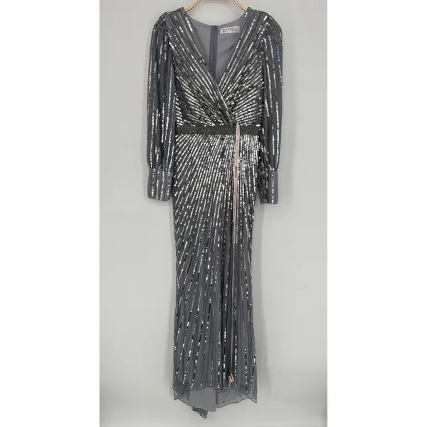 Mac Duggal Sequined Wrap Over Bishop Sleeve‎ Gown 4 Silver Formal Gala Wedding - Image 4