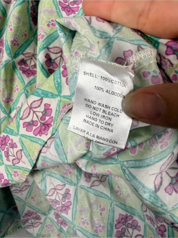 Karlie puff sleeve ruffle green pink block print floral blouse size large - Image 3