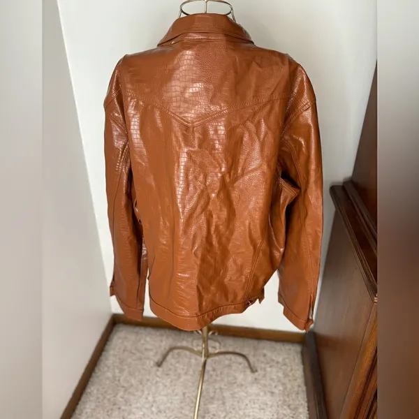 Princess Polly Croc Embossed Faux Leather Shirt Jacket Size L/XL Tan - Image 11