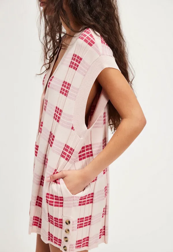 Free People Lewis Plaid Romper Pink Red Plaid Oversized Button Front - Image 2