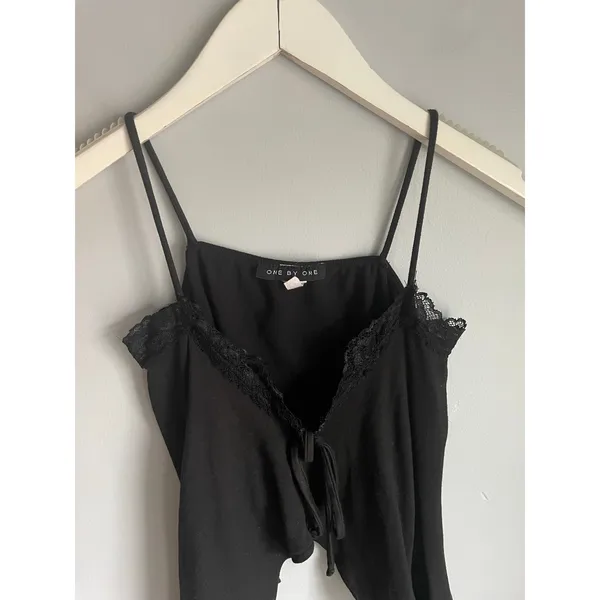 One By One Black Lace Trim‎ Tank Top Y2K Whimsigoth Witchy Size Small Flowy Club - Image 3