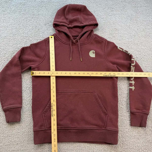 Carhartt Womens Relaxed Fit Hoodie Burgundy Sleeve Logo Sweatshirt 102791 S 4-6 - Image 3