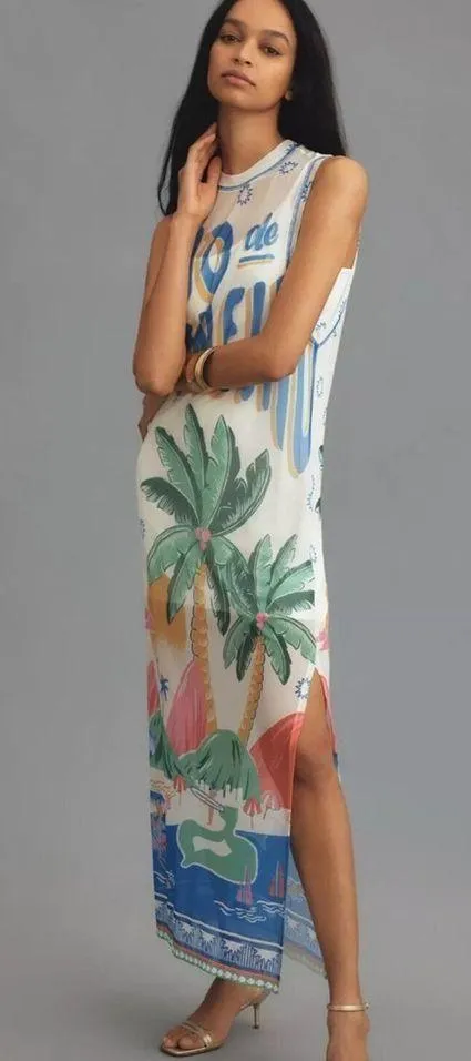 FARM RIO Graphic Mesh Midi Dress XS - Image 4