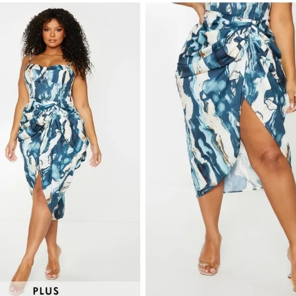 PrettyLittleThing-1939 Women's Blue Marble Print Sleeveless Midi‎ Skirt US 14 - Image 2