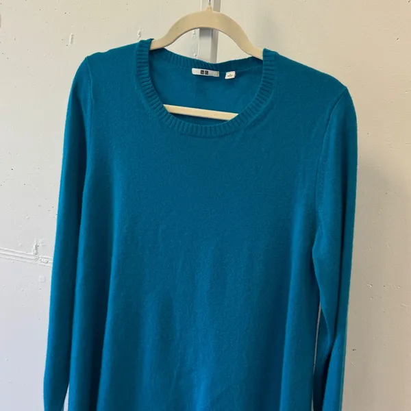 Uniqlo Cashmere Sweater Womens Large Teal Blue Crew Neck Tunic Knit 258-074172 - Image 3