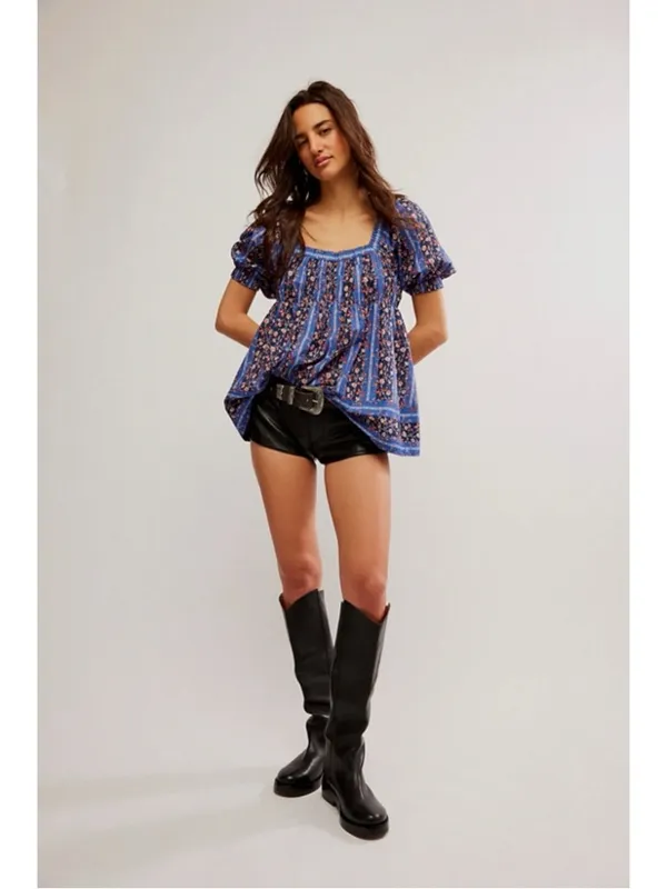 Free People Retro 70s Bohemian Vintage Lover Blouse Dutch Blue Combo Medium - Image 7
