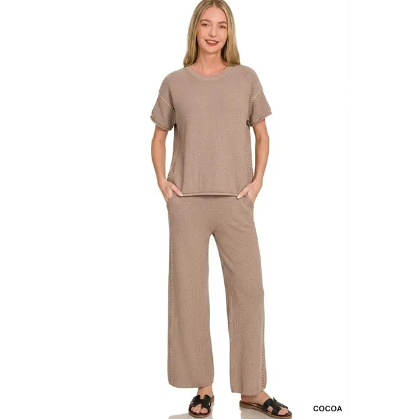 Zenana Viscose Round‎ Neck Top & Pants Set - Small - Image 2