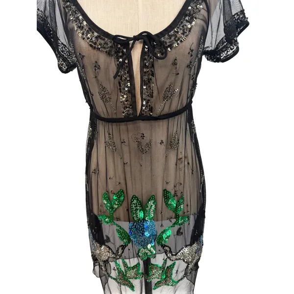 Free People Sequined Elephant Sheer Mesh Mini Dress Black‎ Embellished Size 2 - Image 5