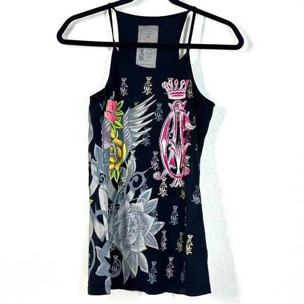 M black Y2K Christian Audigier graphic tank top vintage 2000's sleeveless tee - Image 2