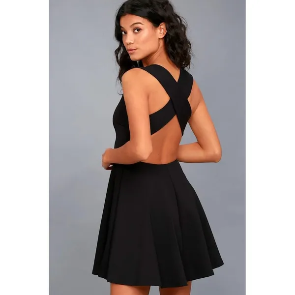 Lulus Skater Dress‎ Women XS Black Crisscross Back V-Neck Mini DD2733 Cocktail - Image 2
