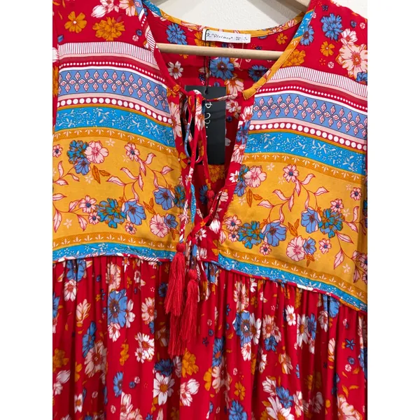 R.Vivimos Red Floral Boho Mini Dress Long Sleeve Tassel V-Neck Size S‎ 4/6 - Image 4