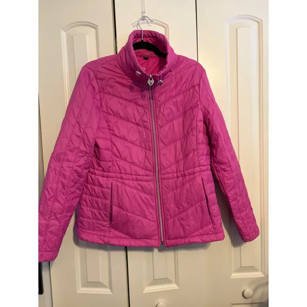 Guess Womens Fuchsia‎ Pink Quilted Puffer Jacket Heart Padlock Zip Size Large - Image 5