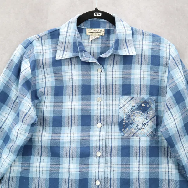Teddi Blue Plaid Flannel Western Long Sleeve Button Up VTG College Petite Small‎ - Image 3