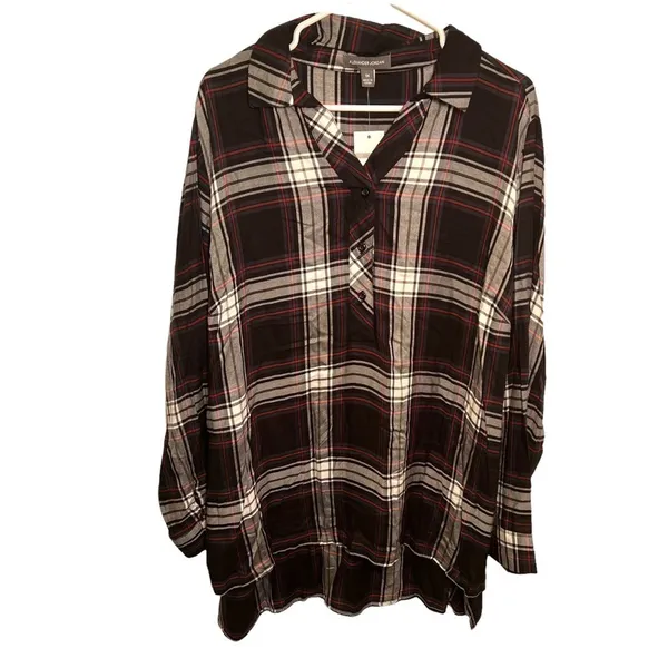 Alexander Jordan Womens Plus‎ Sz 1X Half Button Plaid Shirt Black Green Long Slv - Image 2