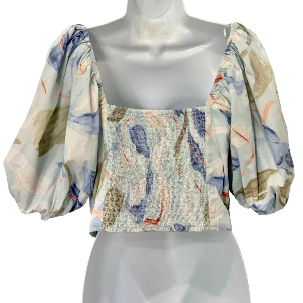 Abercrombie & Fitch Blue White Green Floral Smocked Puff Sleeve Crop Top size L - Image 6