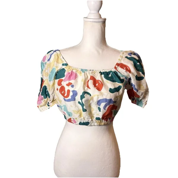 & Other‎ Stories Cropped Top Small Multicolor Abstract Puff Sleeve Elastic Hem - Image 2