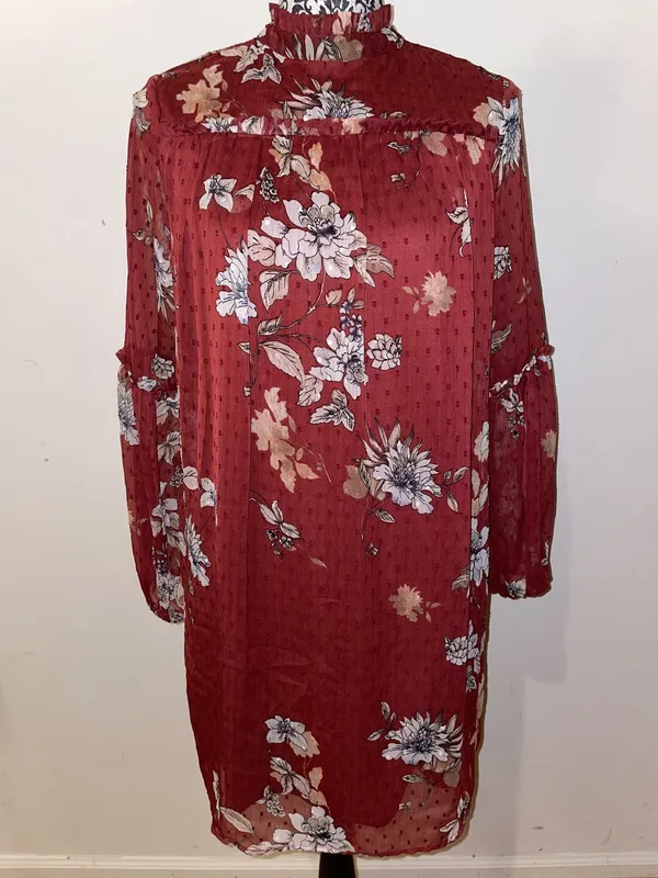 Japna Red Floral Boho Semi Sheer Ruffle Neck Long Sleeve Shift Dress Size Small - Image 2