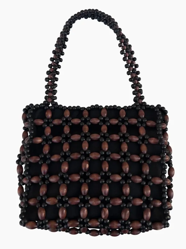 Wooden Black Brown Beaded Double Strap Snap Shoulder Bag - Image 2