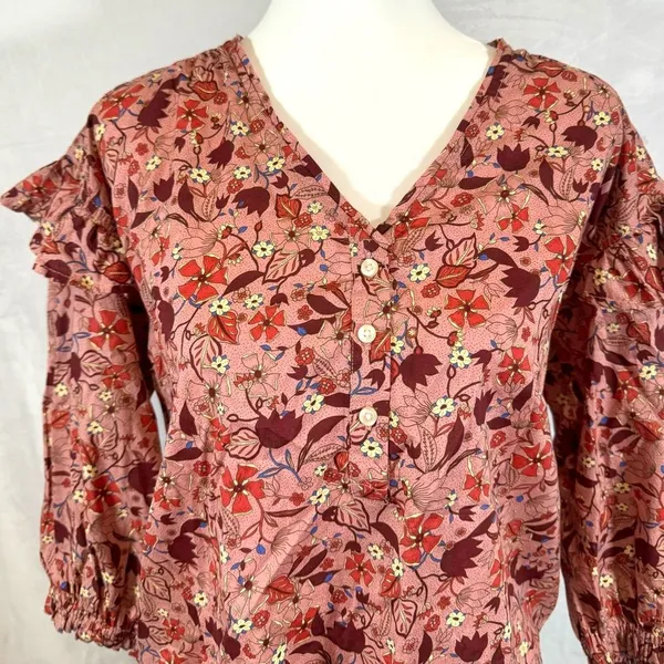 100% cotton pink rose floral oversized ruffle top size XS NWOT - Image 7