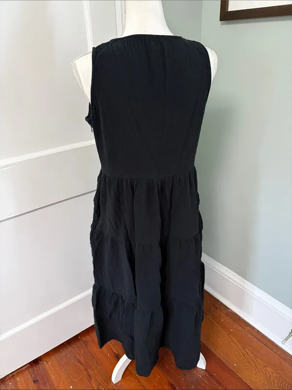 J. Crew Factory Black Sleeveless Tiered Midi Dress Gauzy Cotton Size 8 - Image 4