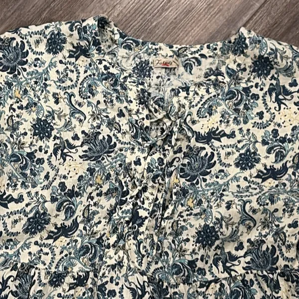 Faherty Womens Salinas Jacobean Top S Floral Lace Up Linen Floaty Blue Aviary - Image 8