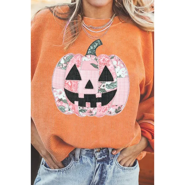 Patchwork Pumpkin Graphic Corded Ribbed Round Neck Tunic Sweatshirt - Image 6