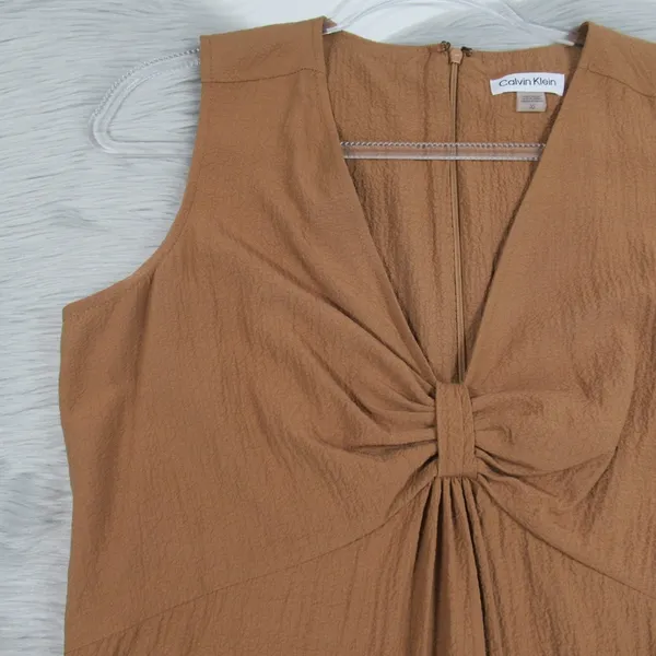 CALVIN KLEIN Gauze Knot Front Sleeveless Midi Dress In Luggage Women's Size 10 - Image 5