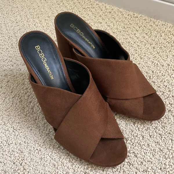 BCBGeneration Suede Chocolate Brown Mule Heels - Image 7