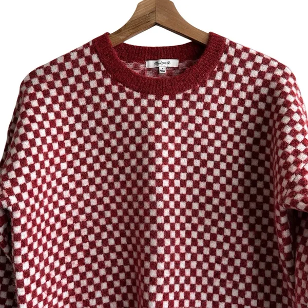 Madewell Checkerboard Jacquard Pullover Sweater S Alpaca Boxy Scarlet - Image 4