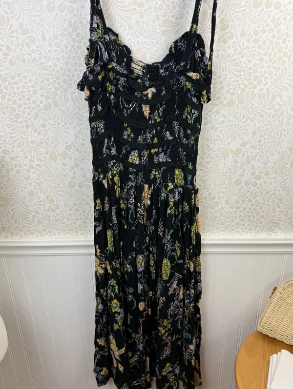 Free People Isla Black Floral Shoulder Tie Midi Dress - Size - Medium - Image 4