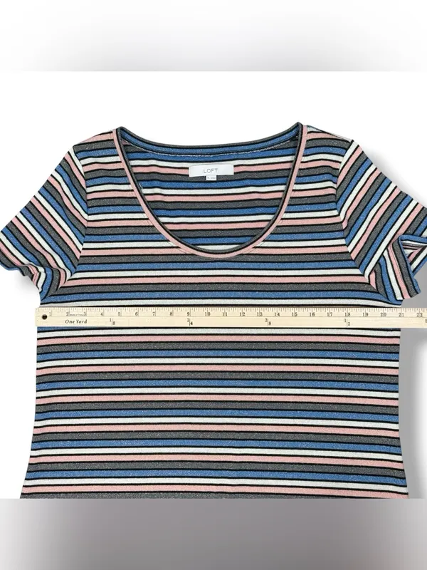 Loft Striped Shimmer Knit Midi Tee Shirt Dress Pink Blue Grey Metallic Size XL - Image 11