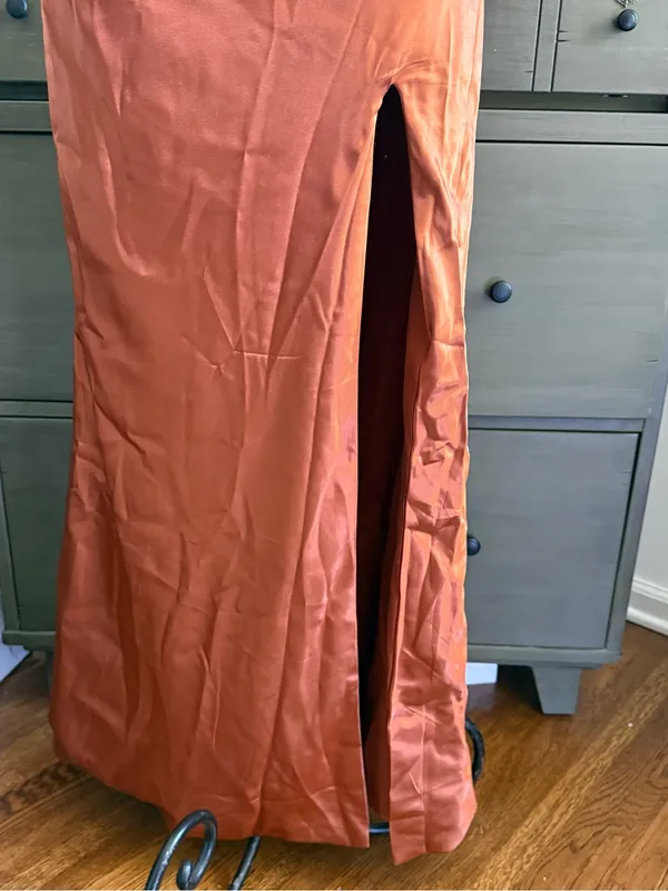 Amazon Elegant Copper Satin Bridesmaid Dress with Thigh Slit - Image 3