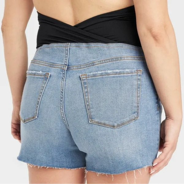 Isabel Maternity Mid Short Denim Jean Shorts Blue Raw Hem Crossover Panel - Image 2