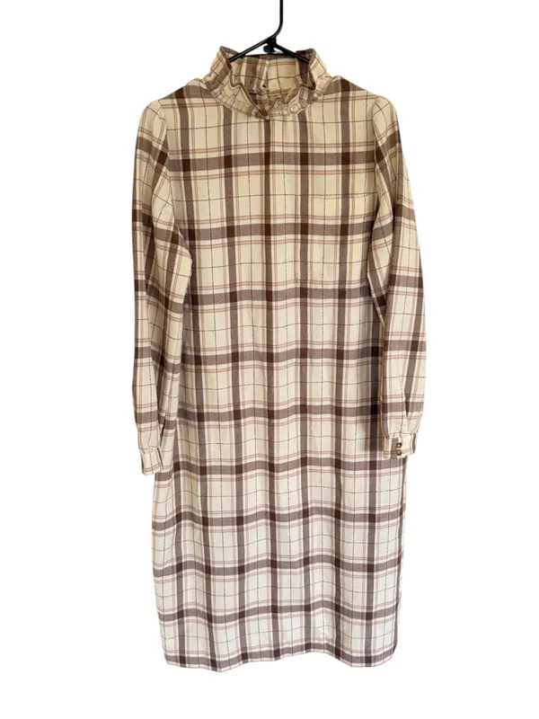 Sézane Plaid Ruffle Neck Long Sleeve Dress in Cream and Brown - Image 2