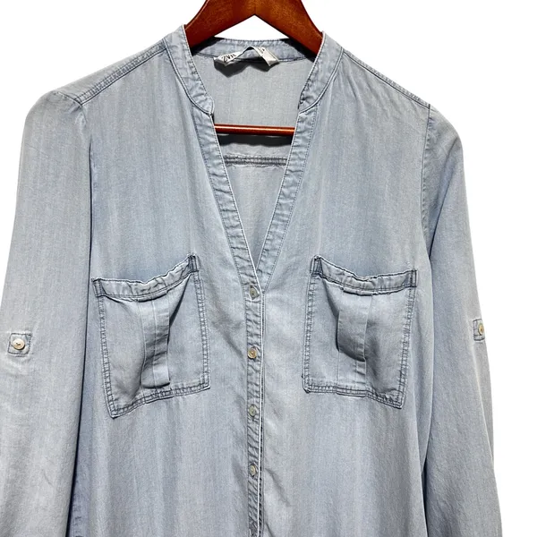 Zara Women Cottagecore Boho Tunic Dress M Chambray Denim Ruffle Hem Drop Waist - Image 3