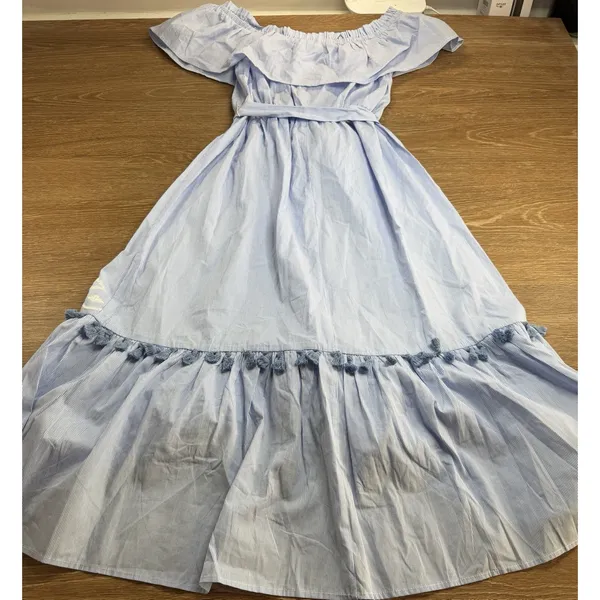Flying Tomato Dress Women's L Blue White Pinstripe Off Shoulder Embroidered Boho - Image 9