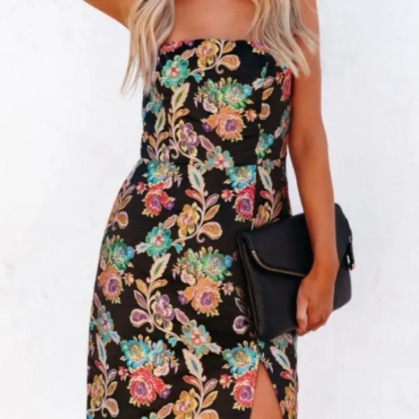 LULUS x OLIA Sexy Wedding Special Event Cocktail Strapless Floral Jaquard Midi - Image 3