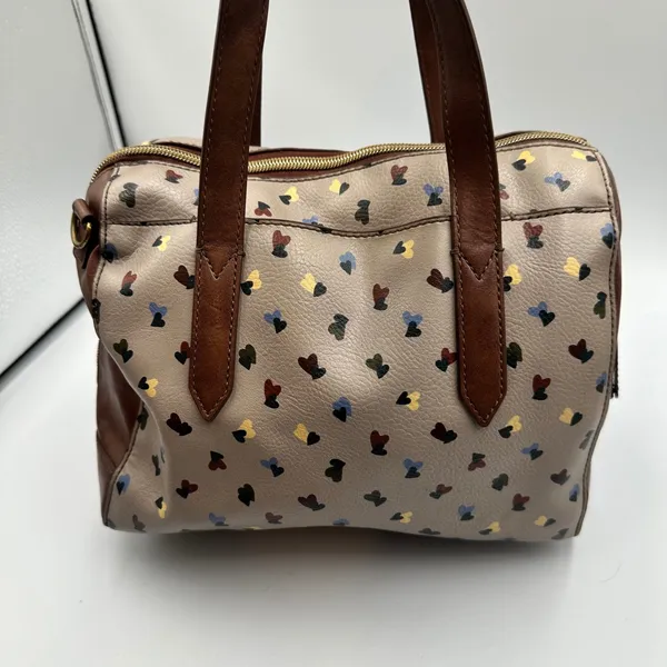 Fossil Rachel Satchel Bag Taupe Heart Print Pebbled Leather Brown Trim Handbag - Image 4