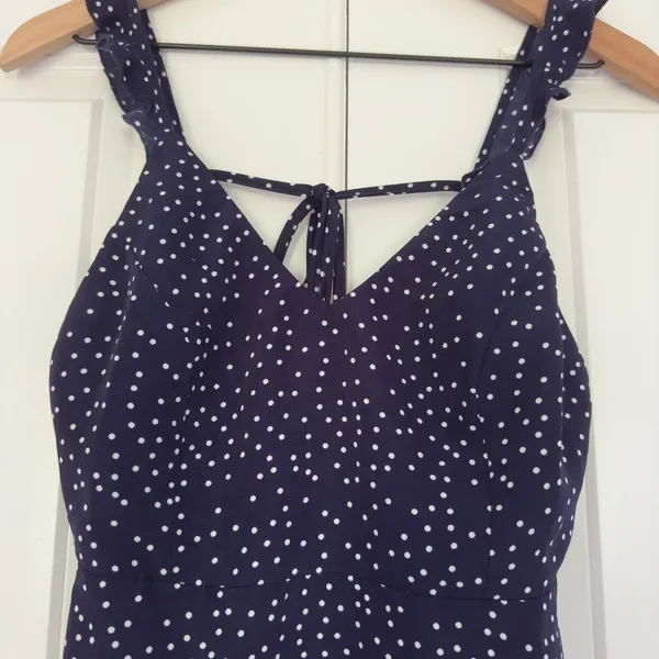 White Fox Polka Dot Mini Dress sleeveless ruffle tie bow back v-neck lightweight - Image 5