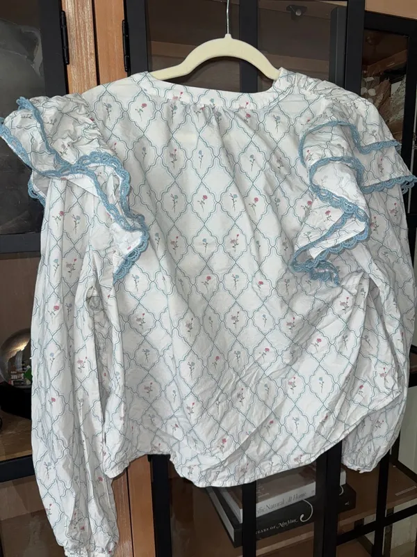 Shop The Mint Rendezvous Medallion Blouse block print top ruffle floral lace - Image 3