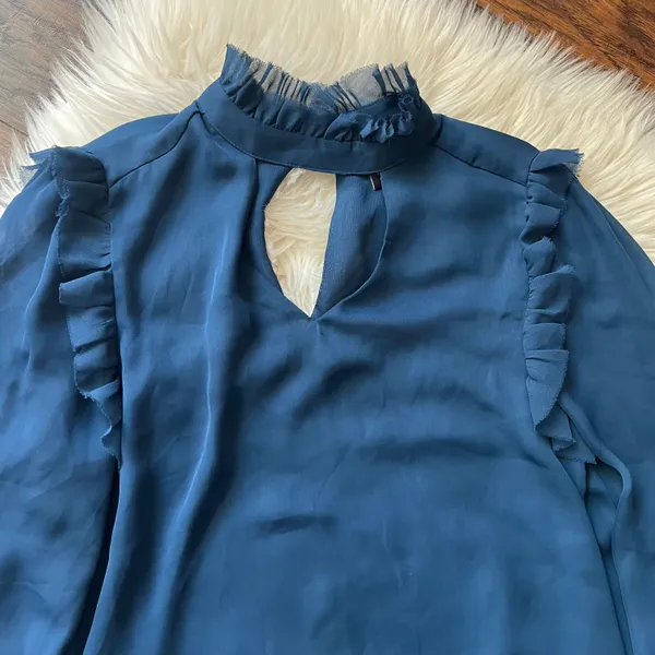 Amaryllis Blue Cut-Out Ruffle Trim Long Sleeve Blouse - Image 2