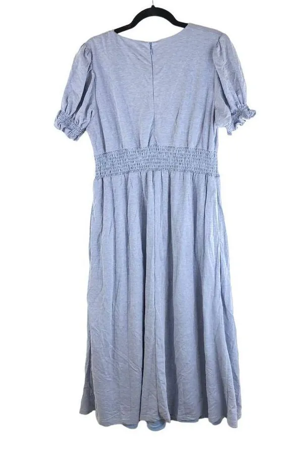 Hutch Womens Midi Dress Smocked Waist Puff Short Sleeve V-Neck Zip Back Blue XXL - Image 2