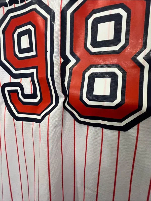 98’ Braves wallen 98White Button Baseball Jersey with Red Pinstripes - Image 5