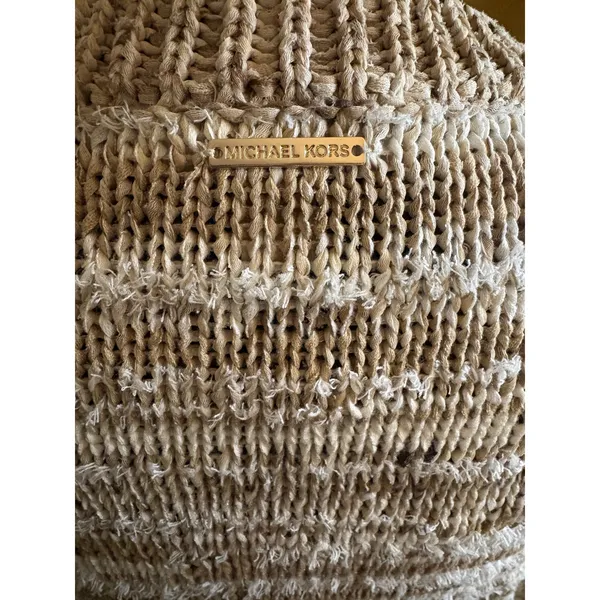 Michael Kors Fringe Striped Knit Sweater Beige White XS Boho Crewneck Pullover - Image 5