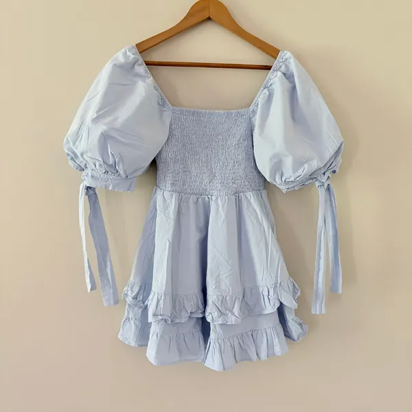 Showpo Chelle Shirred Mini Dress Tie Sleeve 8 Ice Blue Smocked Ruffle Cotton - Image 7