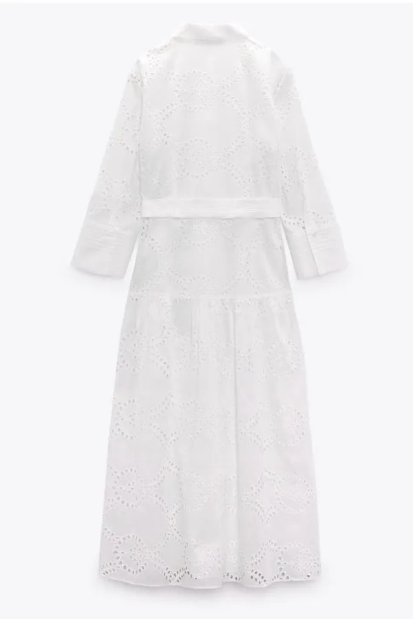 ZARA white lace long sleeve maxi dress with waist belt boho summer vacation - Image 13