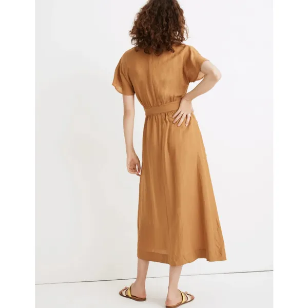 Madewell Camel Tan Linen-Blend Dolman-Sleeve Tie-Waist Midi Dress Women's Size 4 - Image 3