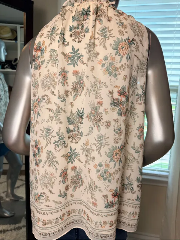 Max Studio Floral Sleeveless Blouse Large Boho Tie Neck Cream Ivory Cottagecore - Image 5