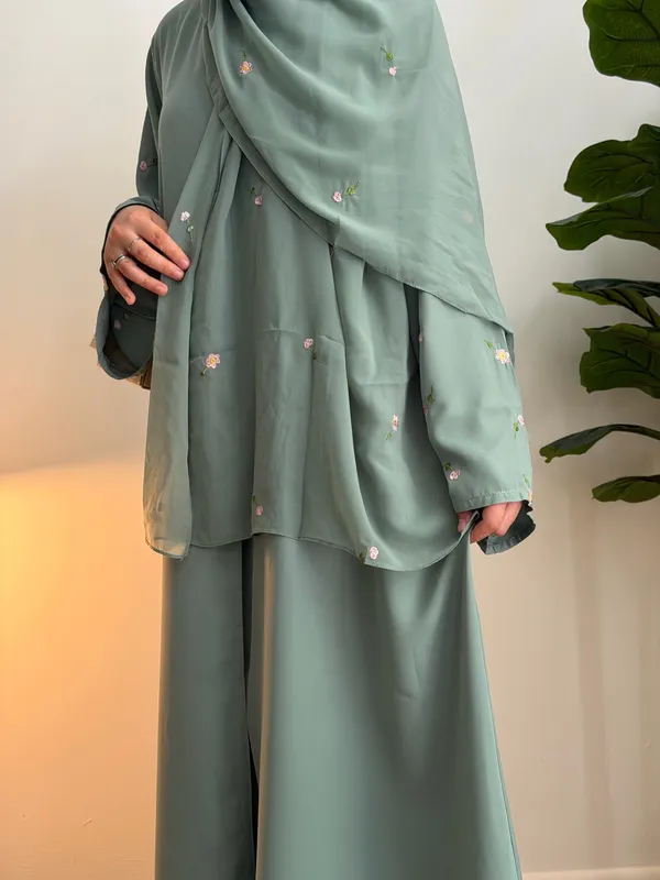 Floral Teal Abaya Two Piece Hijab Modest - Image 3
